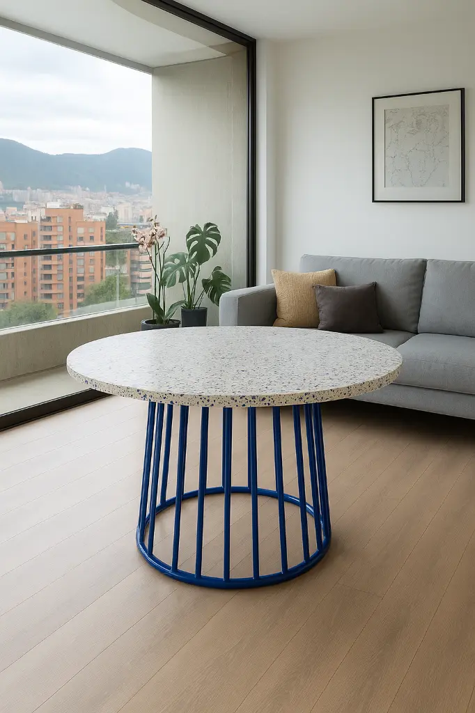 Comedor redondo base lineas acero.webp